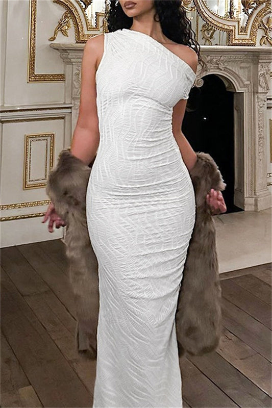 Basic Oblique Collar Long Dresses