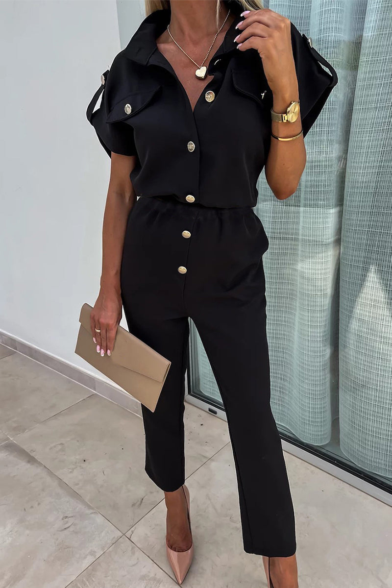 Buttons Turndown Collar Straight Jumpsuits