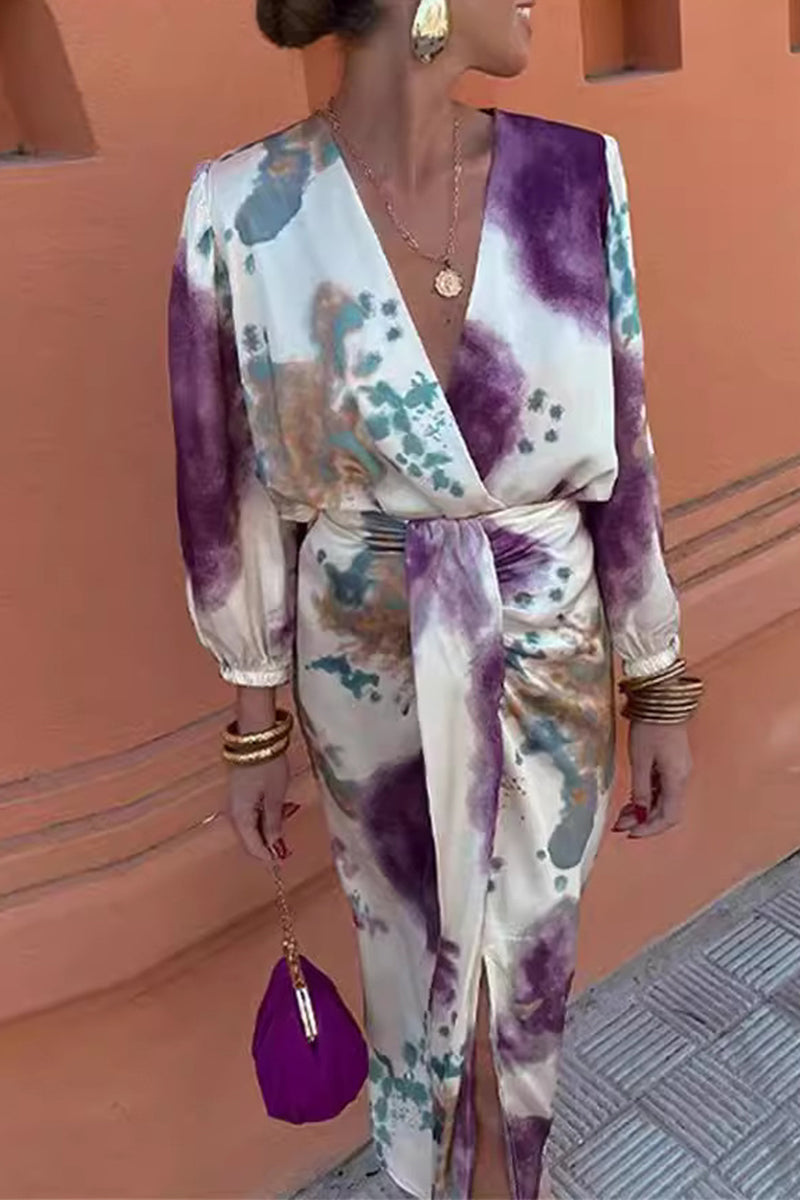 Geometric Print Slit Fold V Neck Long Sleeve Two Pieces