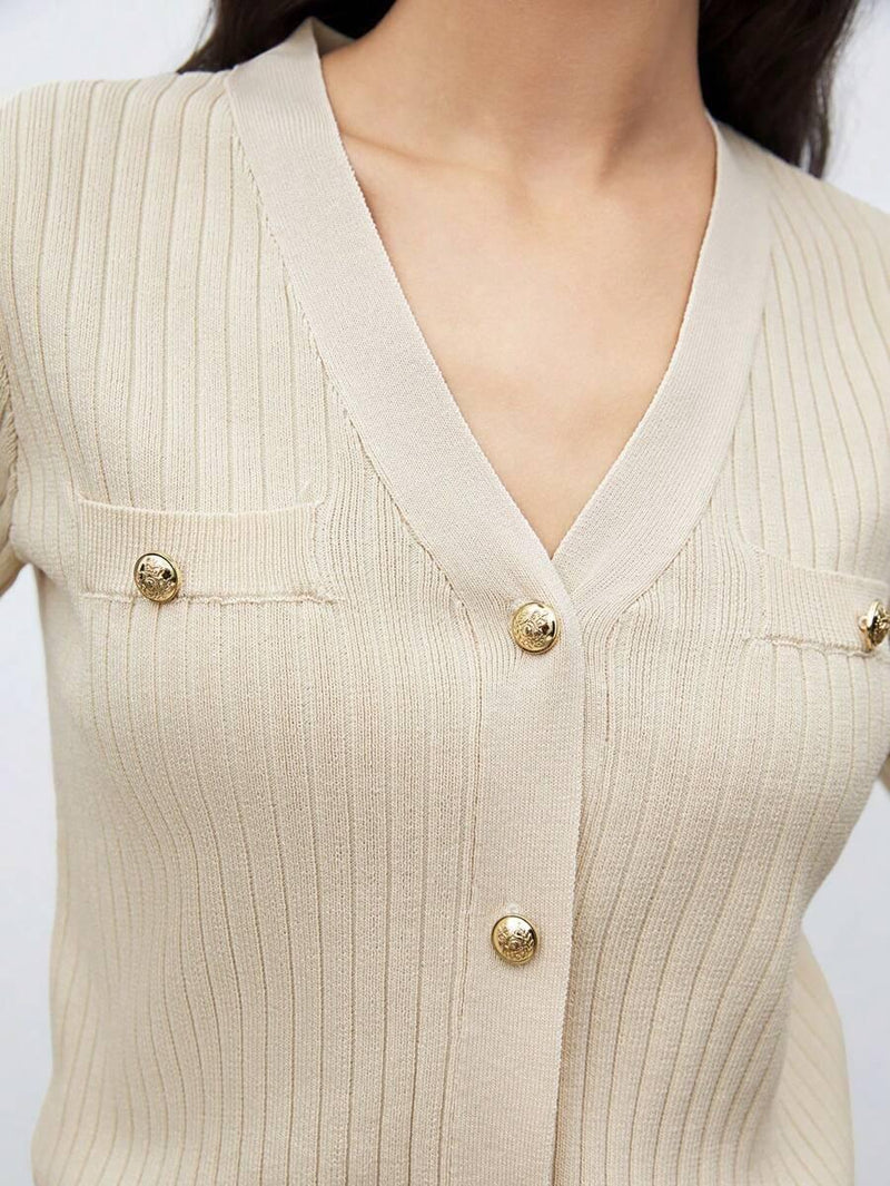 V Neck Knit Sweater With Button Front Short Sleeve