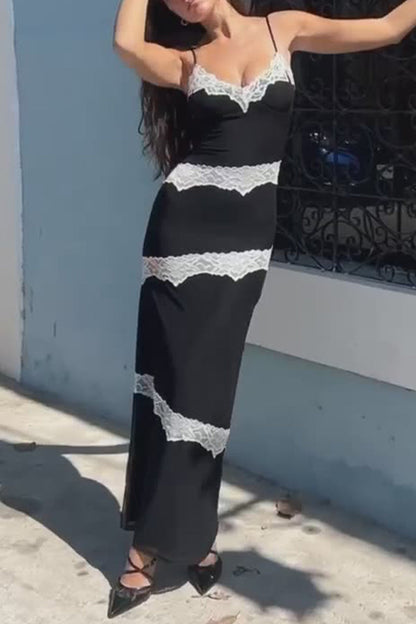 Lace Contrast V Neck One Step Skirt Dresses