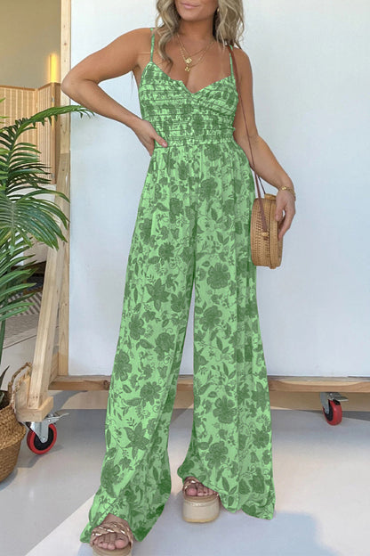 Print Flowers Fold V Neck Loose Jumpsuits