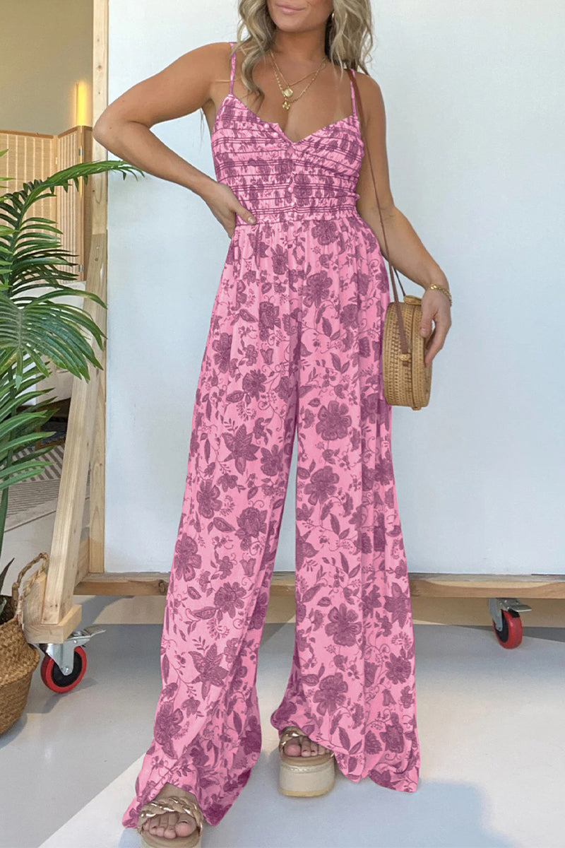 Print Flowers Fold V Neck Loose Jumpsuits