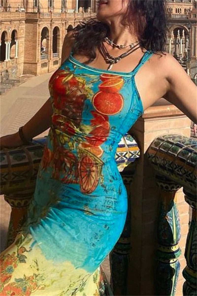 Print Backless Spaghetti Strap Long Dresses
