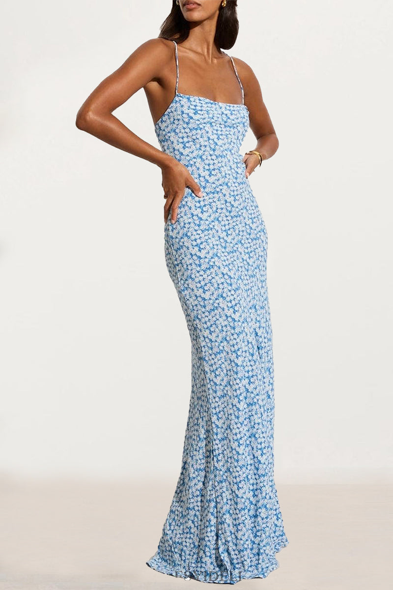 Print Flowers Backless Strap Design U Neck One Step Skirt Dresses(3 Colors)