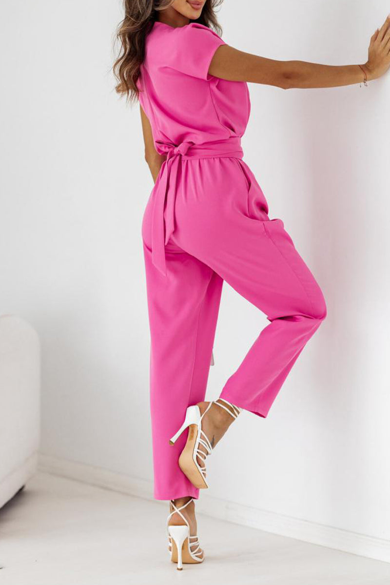British Style Bandage Pocket V Neck Regular Jumpsuits