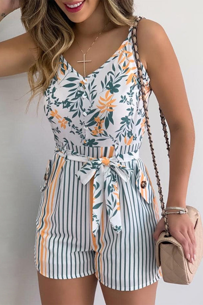 Geometric Print Bandage Patchwork V Neck Regular Rompers