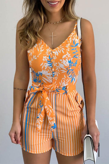 Geometric Print Bandage Patchwork V Neck Regular Rompers