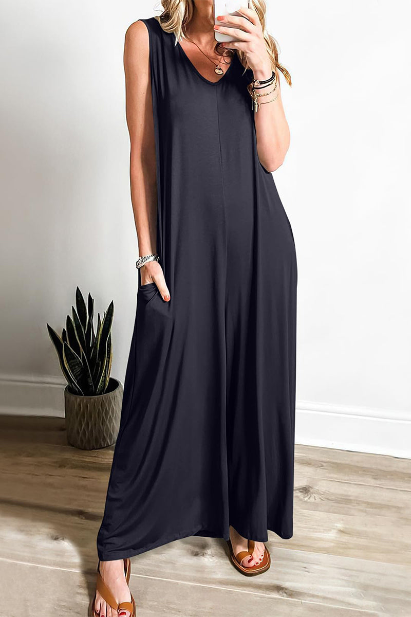 Simplicity Pocket V Neck Loose Jumpsuits
