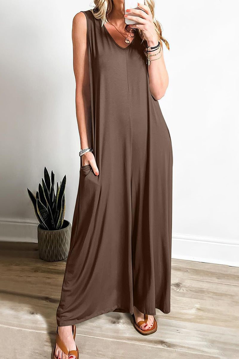 Simplicity Pocket V Neck Loose Jumpsuits