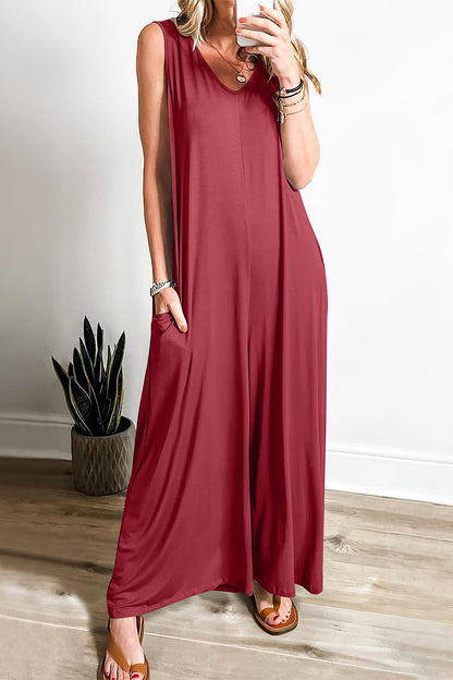 Simplicity Pocket V Neck Loose Jumpsuits