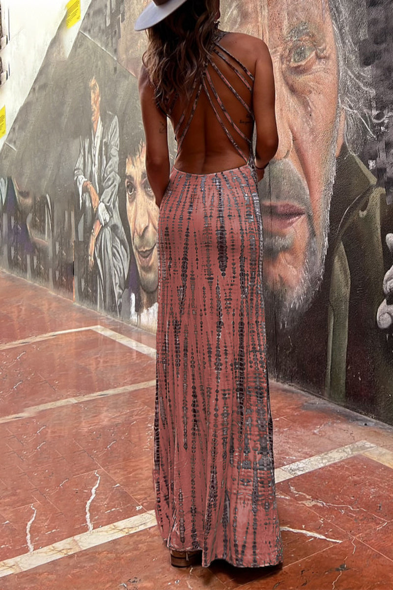 Vacation Geometric Print Backless Halter One Step Skirt Dresses