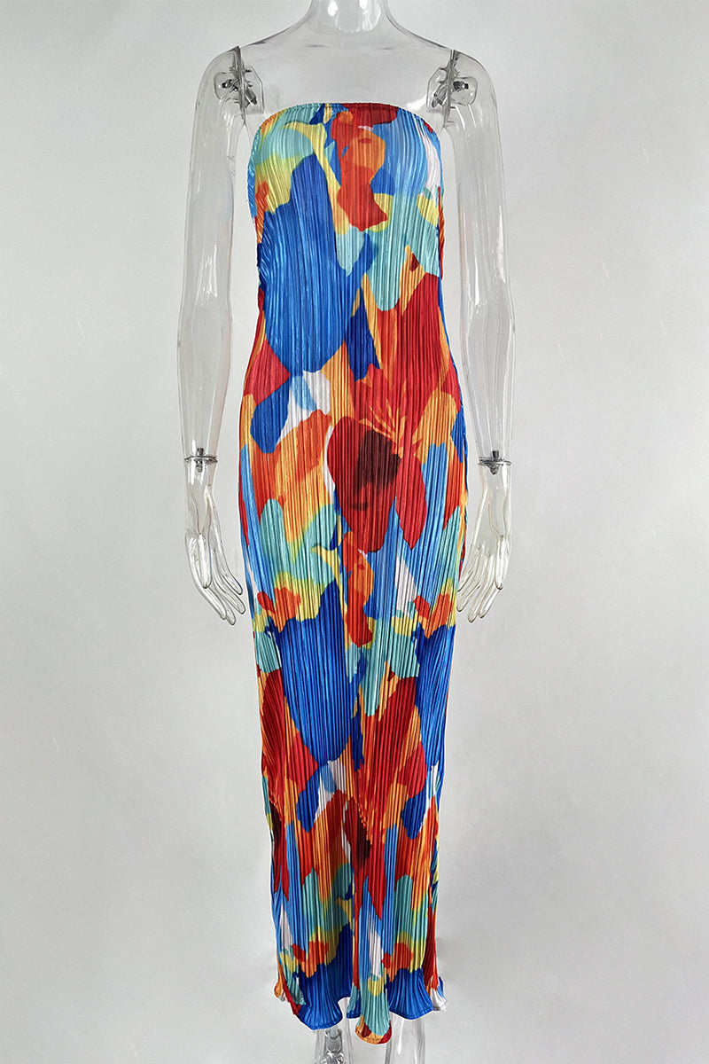 Print Patchwork Fold Strapless Pencil Skirt Dresses