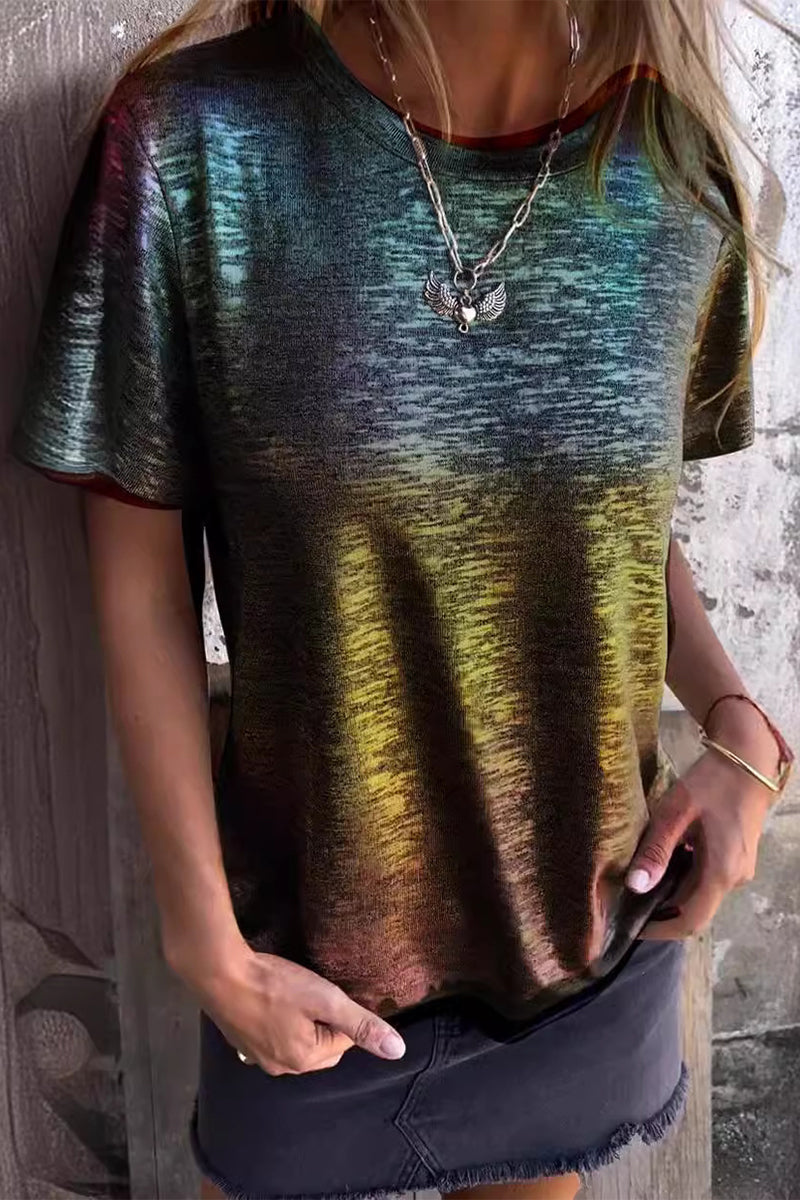 Gradual Change Bronzing Contrast O Neck T-shirts