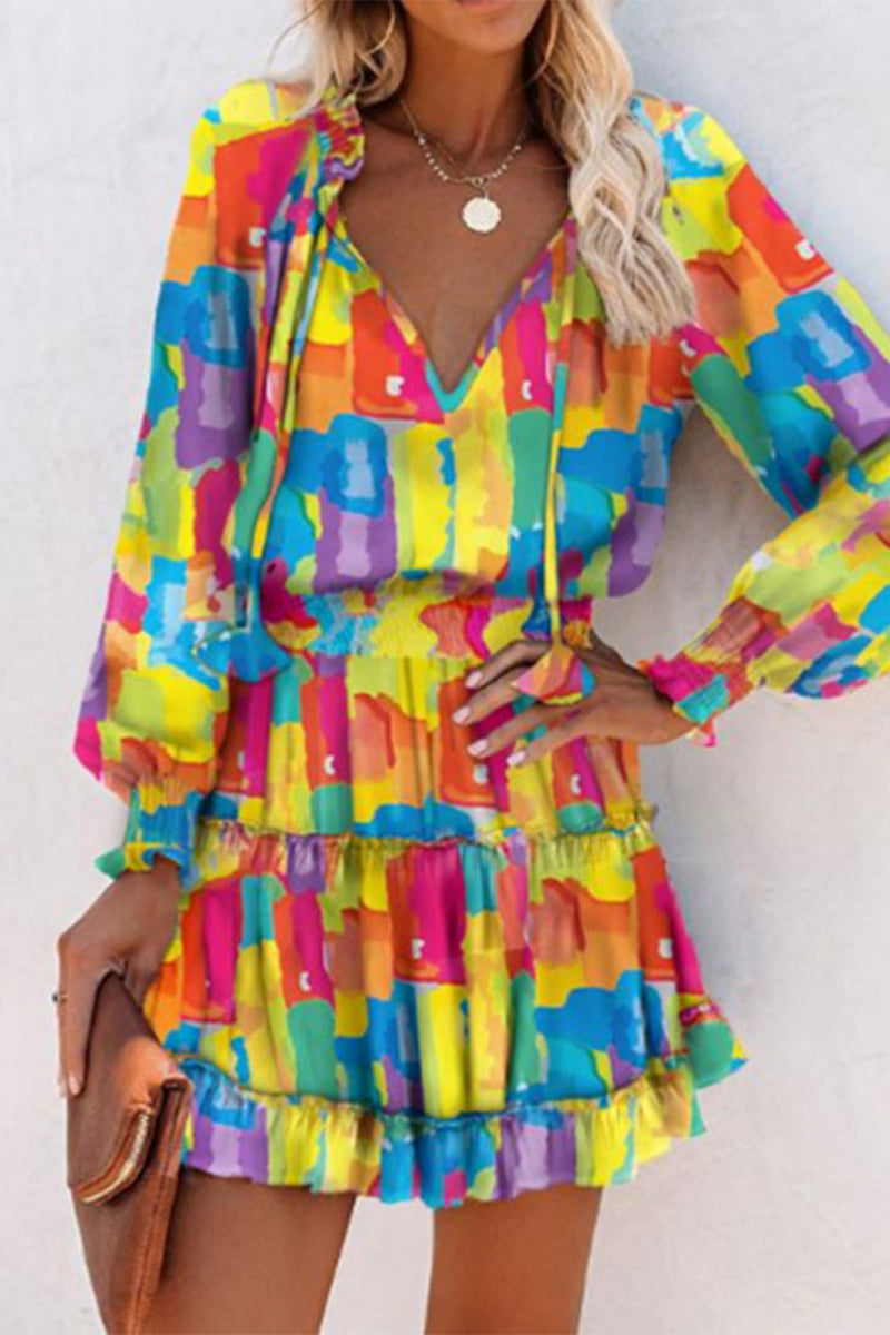 Geometric Print Frenulum Flounce Fold V Neck Waist Skirt Dresses