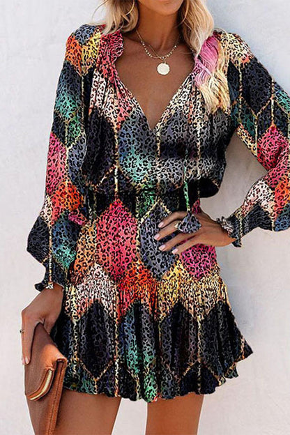 Geometric Print Frenulum Flounce Fold V Neck Waist Skirt Dresses