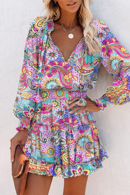 Geometric Print Frenulum Flounce Fold V Neck Waist Skirt Dresses