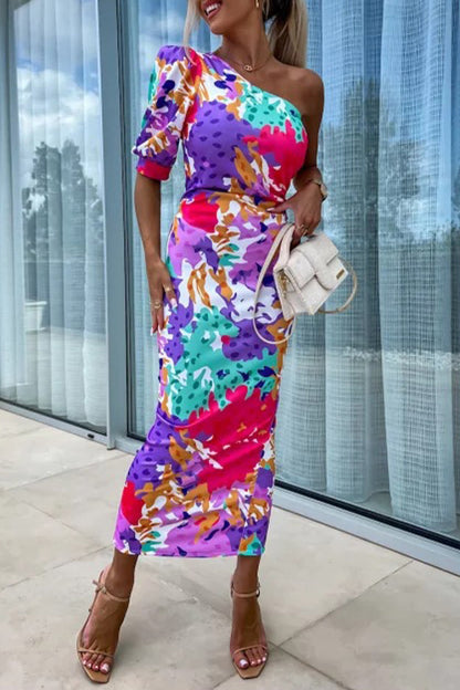 Contrast Oblique Collar One Step Skirt Dresses
