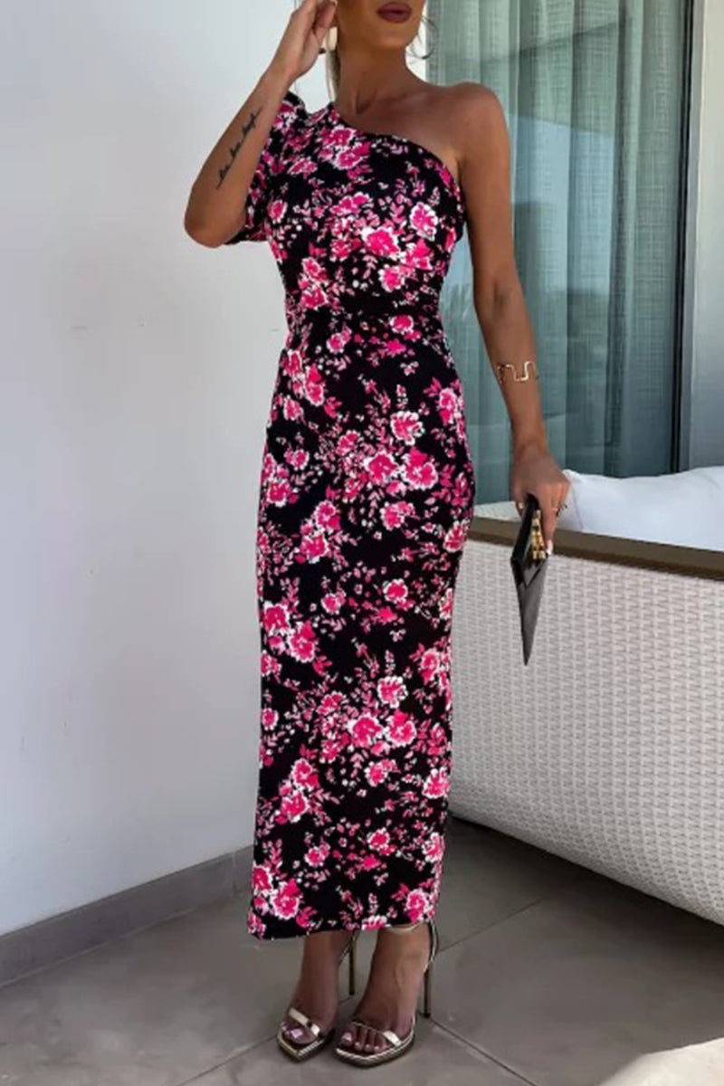 Contrast Oblique Collar One Step Skirt Dresses