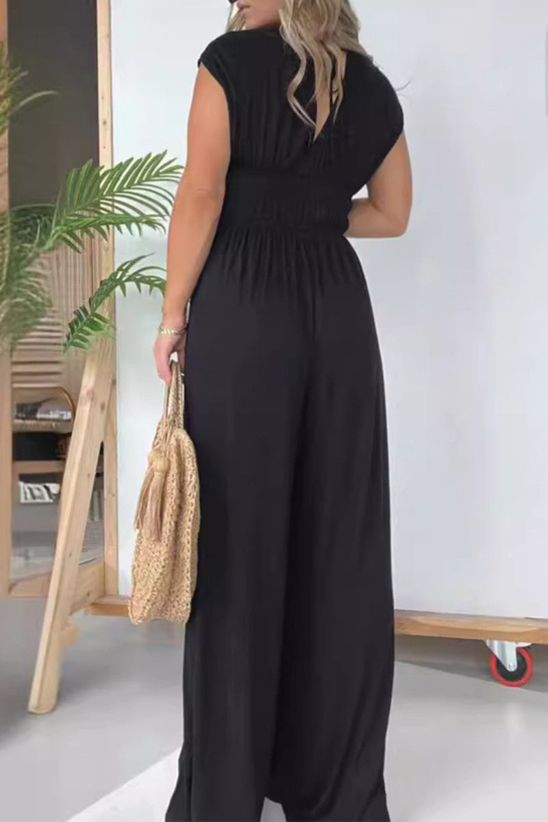 Fold V Neck Loose Jumpsuits