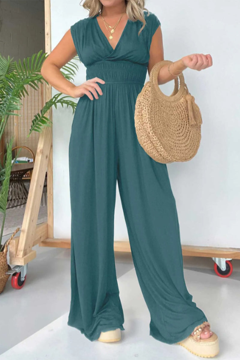 Fold V Neck Loose Jumpsuits
