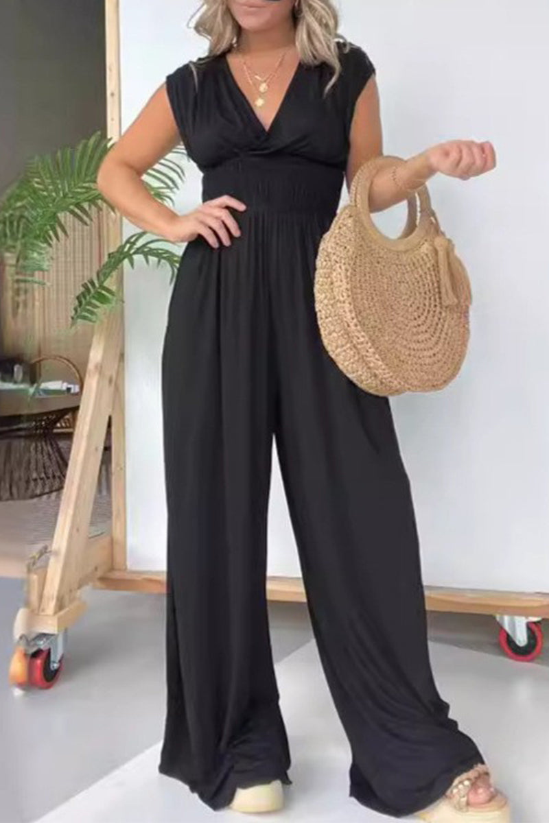 Fold V Neck Loose Jumpsuits