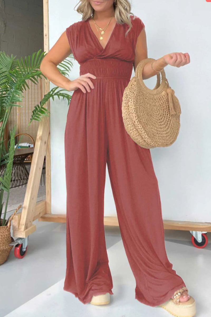 Fold V Neck Loose Jumpsuits