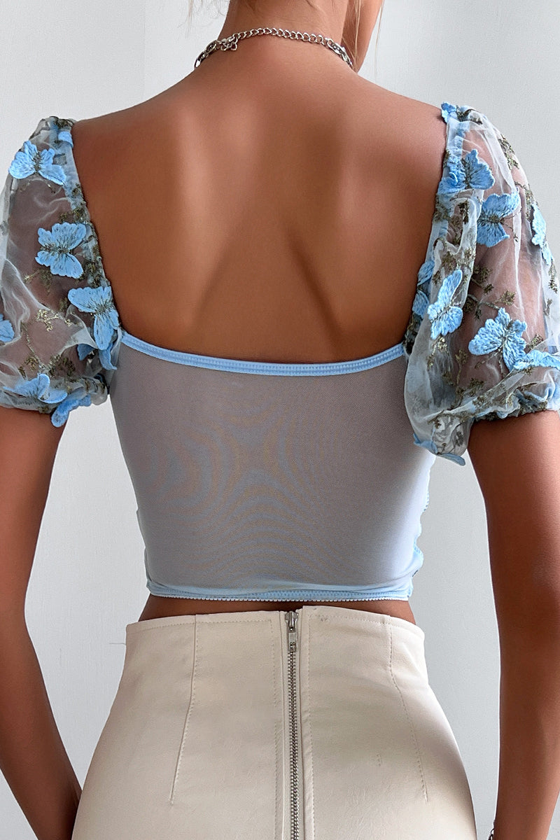 Butterfly Embroidered Draw String Mesh V Neck Low Waist T-shirts(3 Colors)