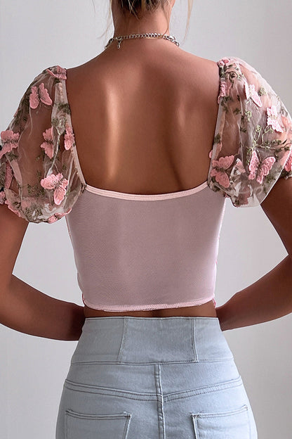 Butterfly Embroidered Draw String Mesh V Neck Low Waist T-shirts(3 Colors)