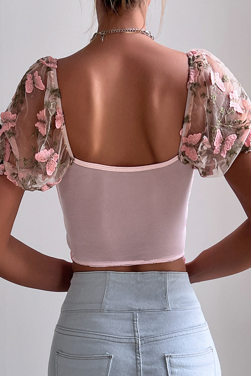 Butterfly Embroidered Draw String Mesh V Neck Low Waist T-shirts(3 Colors)