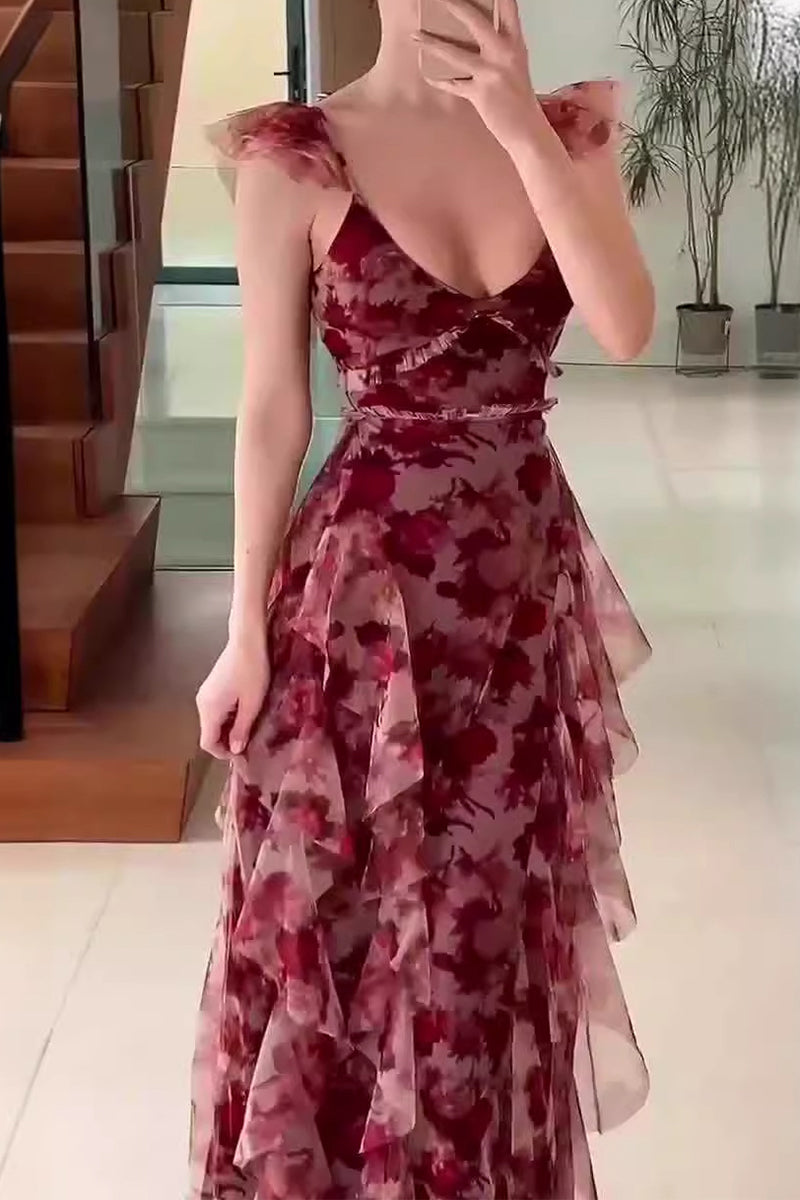 Flowers Flounce V Neck One Step Skirt Dresses