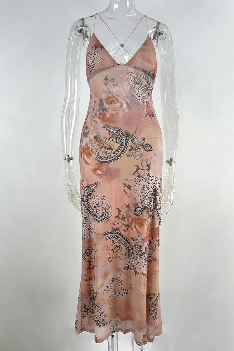 Geometric Butterfly Patchwork Mesh V Neck One Step Skirt Dresses