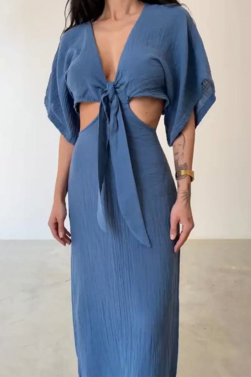 Hollowed Out Frenulum V Neck One Step Skirt Dresses