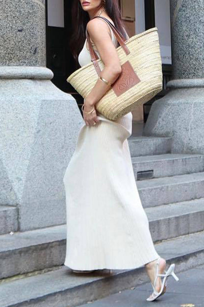 Backless Slit Contrast Halter One Step Skirt Dresses