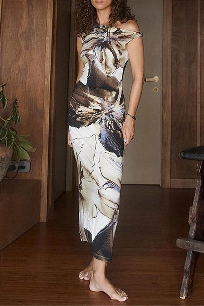 Print Basic Oblique Collar Long Dresses