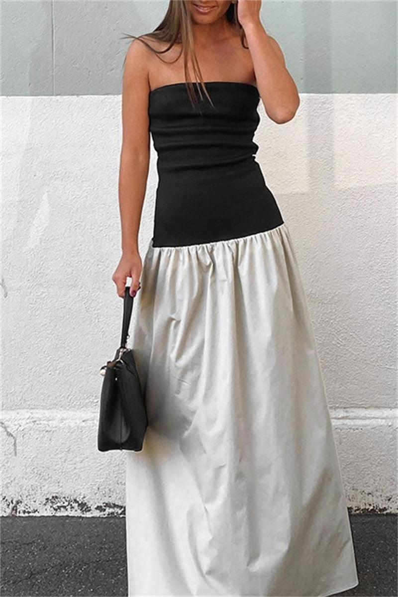 Patchwork Backless Contrast Strapless Long Dresses