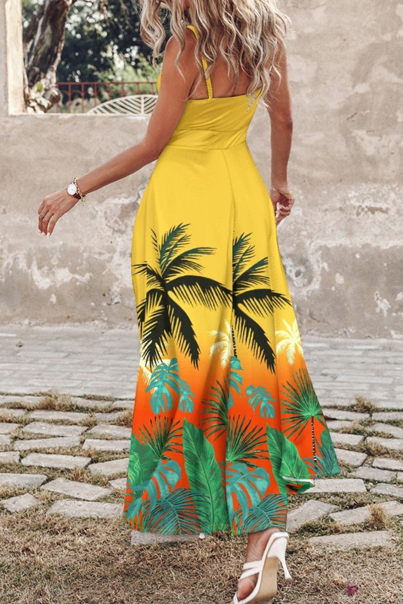 Print Backless Slit Spaghetti Strap Long Dresses