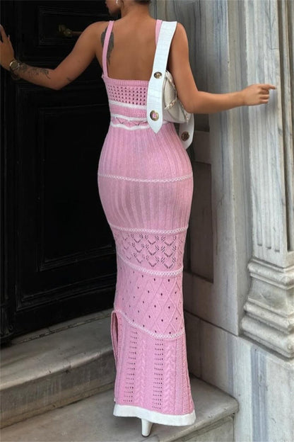Patchwork Backless Slit Spaghetti Strap Long Dresses