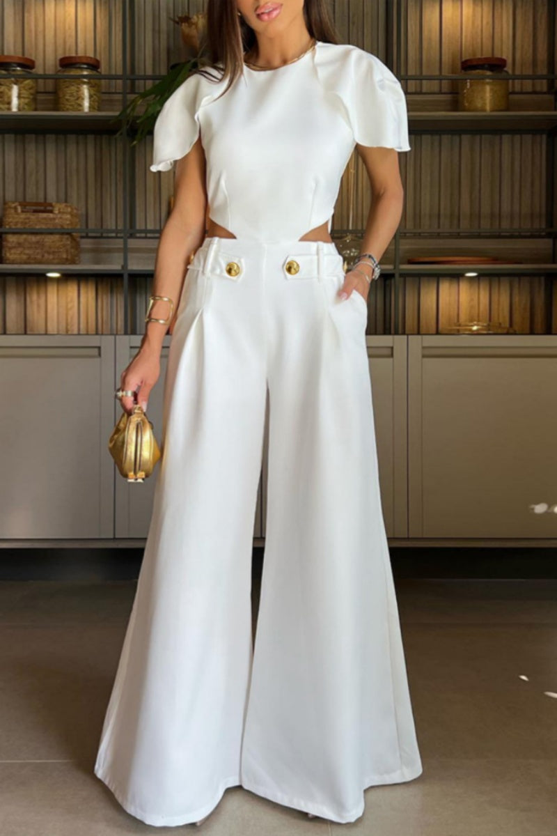 Hollowed Out Patchwork O Neck Regular Jumpsuits