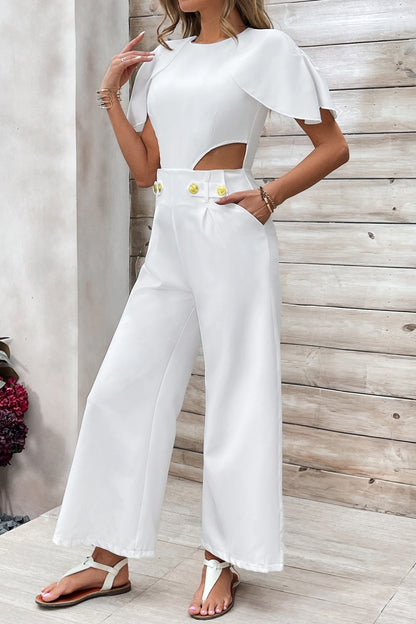Hollowed Out Patchwork O Neck Regular Jumpsuits
