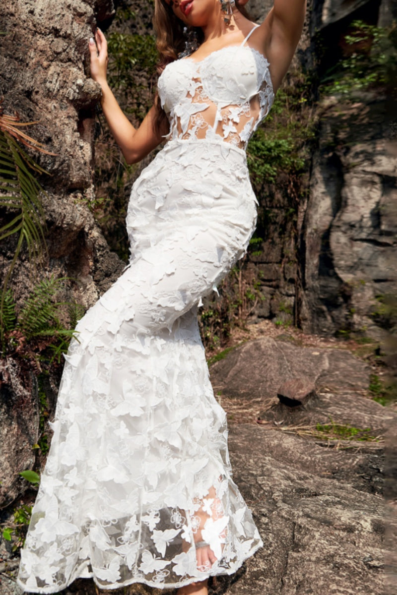 Formal Patchwork See-through Backless Spaghetti Strap Long Dresses
