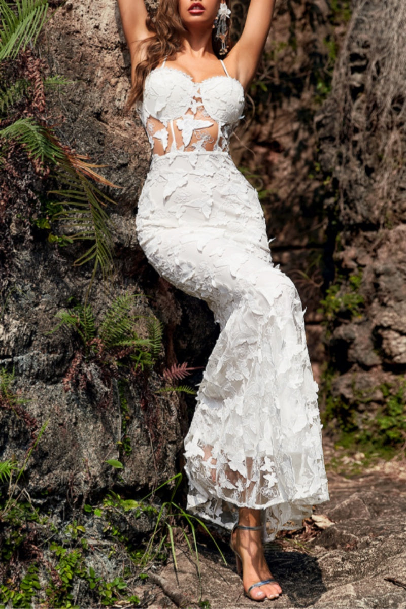 Formal Patchwork See-through Backless Spaghetti Strap Long Dresses