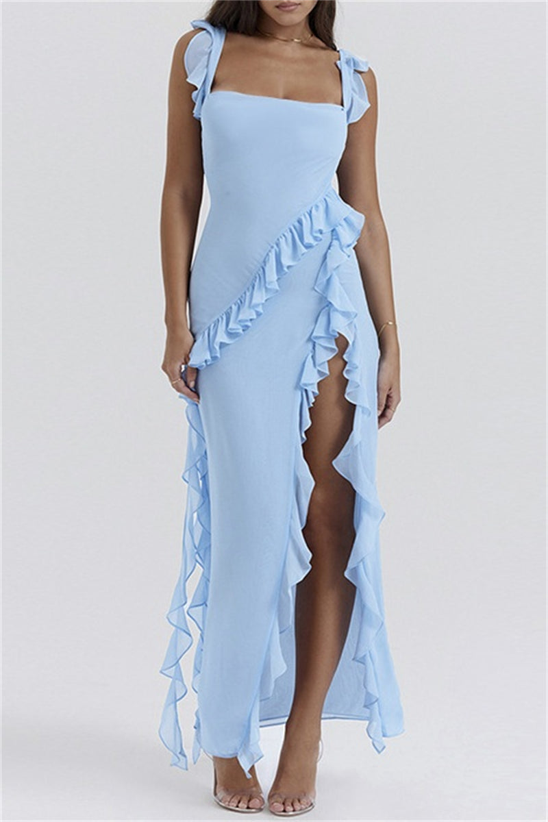 Patchwork Backless Slit Spaghetti Strap Long Dresses(3 Colors)