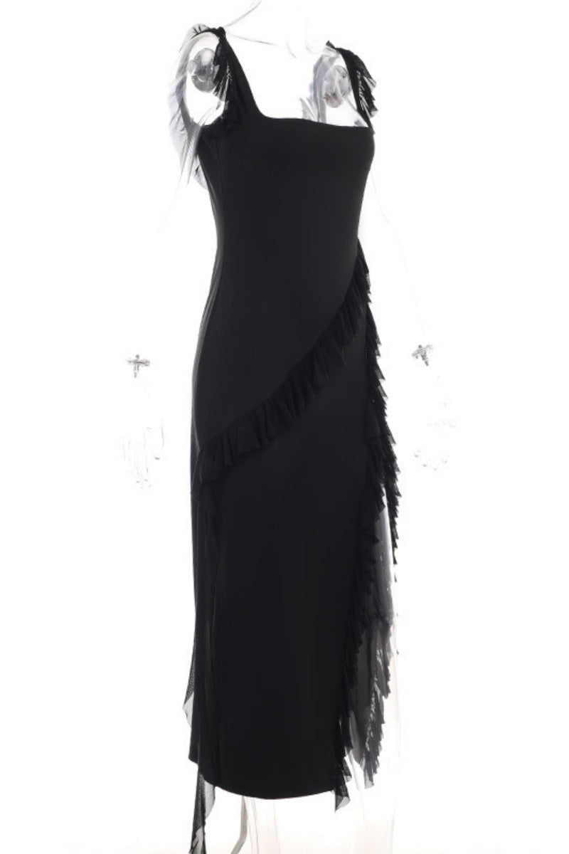Patchwork Backless Slit Spaghetti Strap Long Dresses(3 Colors)