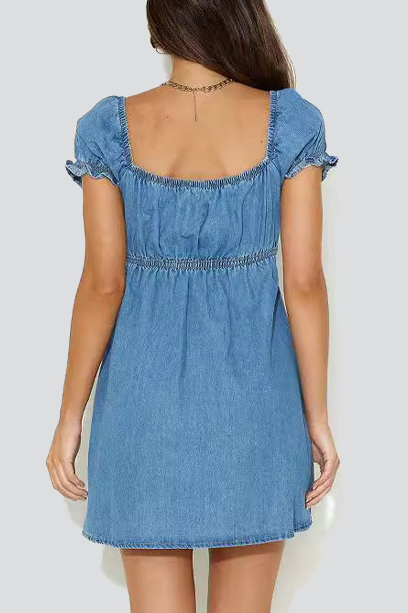Street Hollowed Out Frenulum V Neck Short Sleeve Denim Dresses