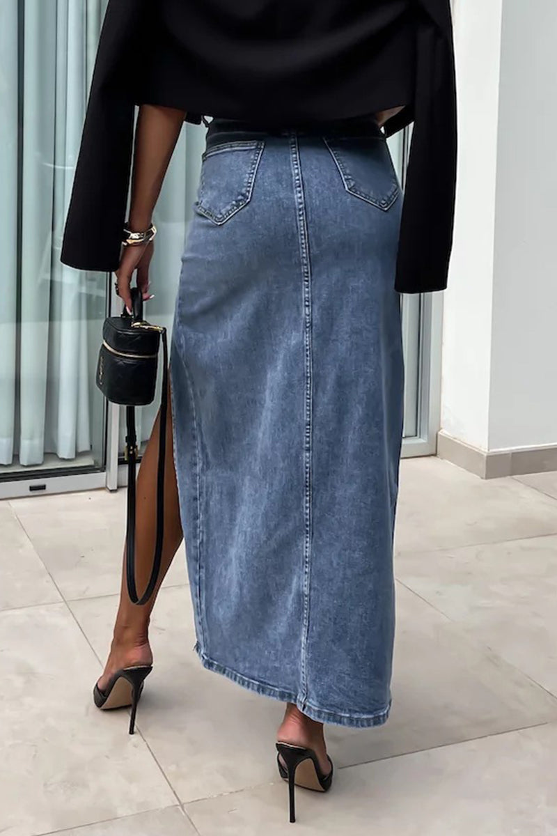 Pocket Slit Asymmetrical High Waist Denim Skirts