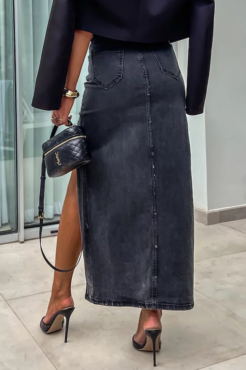 Pocket Slit Asymmetrical High Waist Denim Skirts
