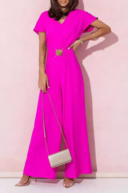 Metal Accessories Decoration V Neck Loose Jumpsuits