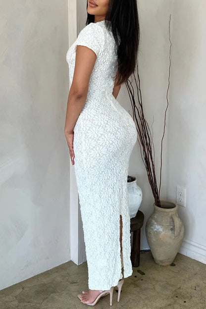 See-through Slit O Neck One Step Skirt Short Sleeve Dress
