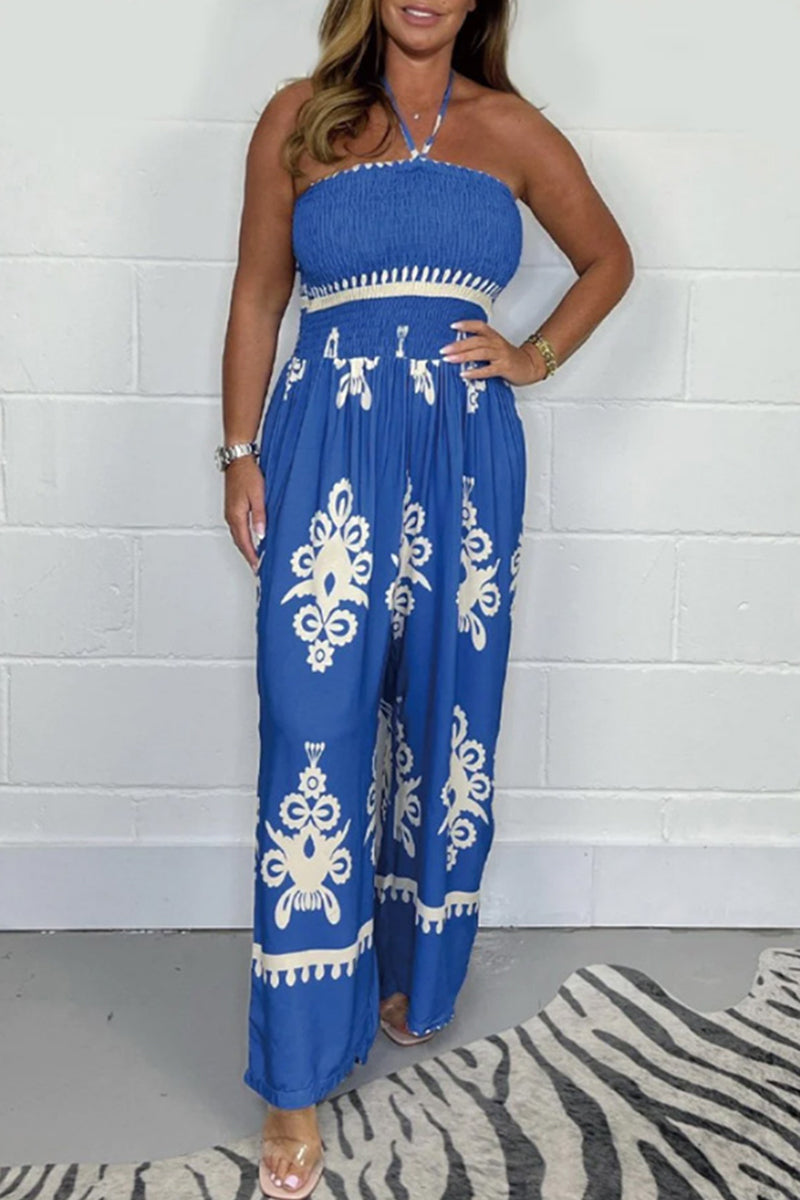 National Totem Print Patchwork Halter Loose Jumpsuits